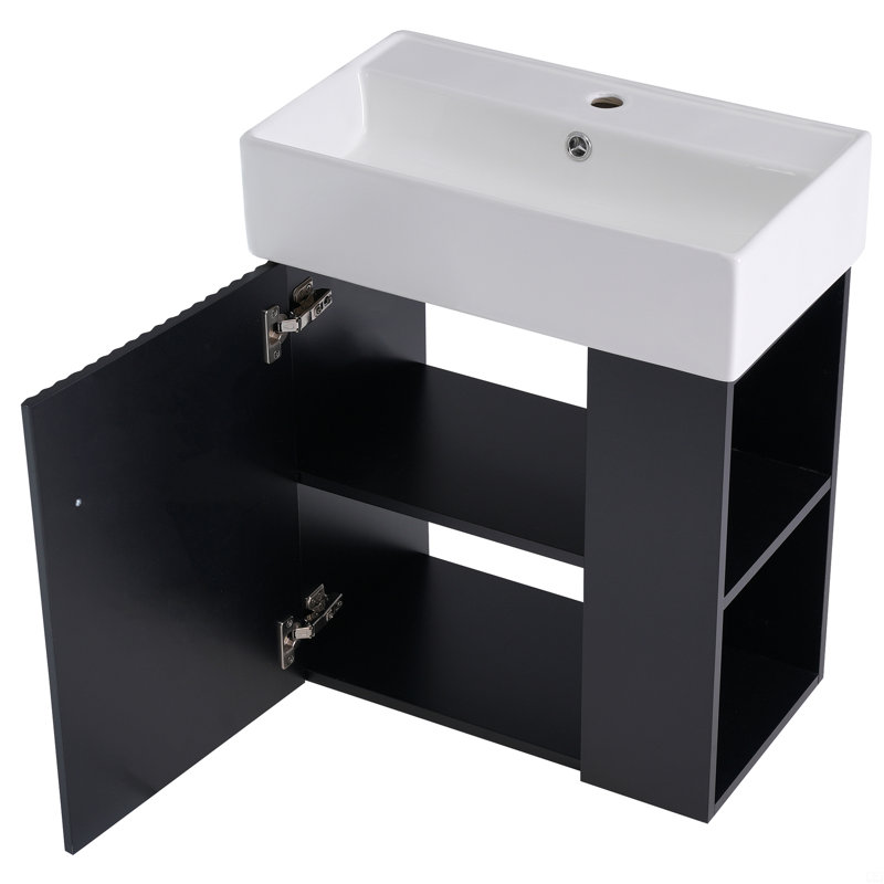 Meuble-lavabo flottant avec lavabo en céramique, Noir, Doré
