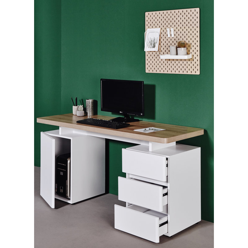 Cuuba 59,05 Rectangular Writing Desk with 2 Storage Cabinets, White/Riviera Oak