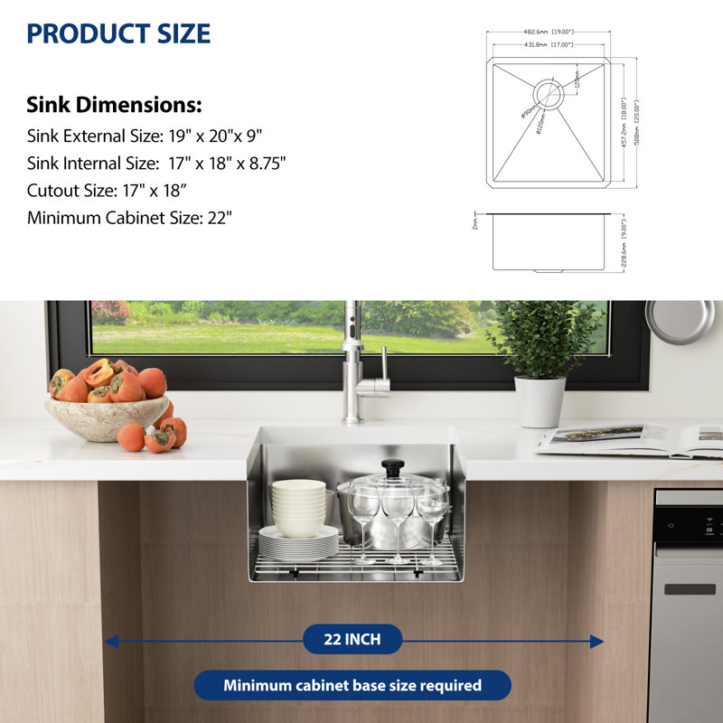 19" L x 20" W Bar Sink Undermount Single Bowl 16 Guage Stainless Steel Bar Kitchen Sink