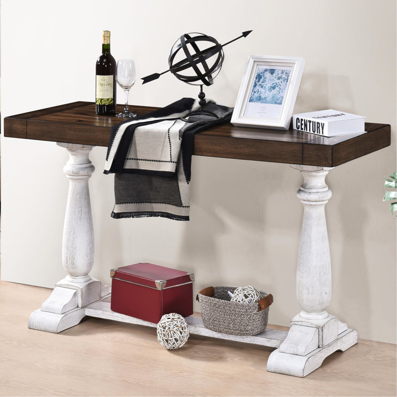 Table rustique de 30 pouces de hauteur, bois massif avec finition chêne foncé antique et plateau décoratif blanc spacieux