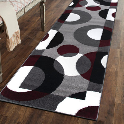 Amirr Geometric Burgundy/Grey/White Woven Area Rug – Modern Abstract Polypropylene Carpet for Living Room, Bedroom, or Kitchen