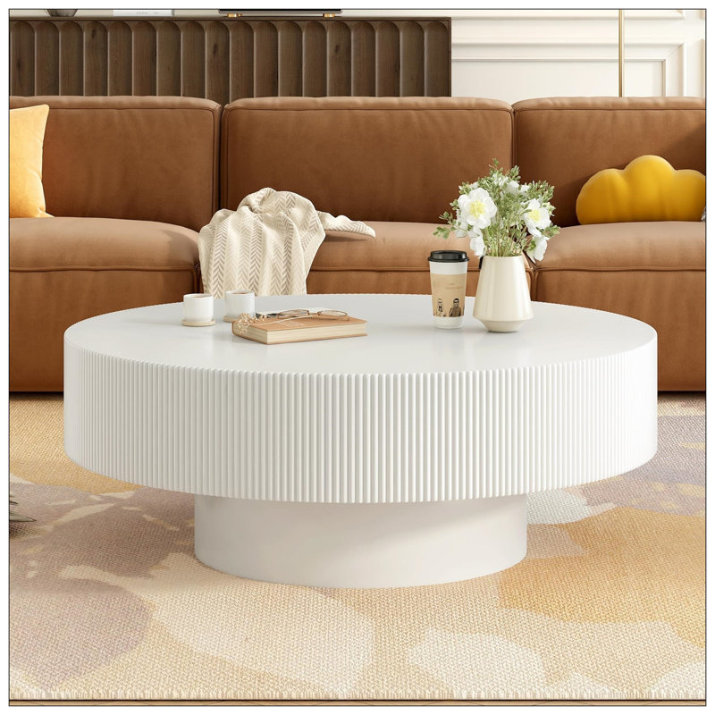 31.5" Round Drum Coffee Table For Livingroom, Easy Assembly , White