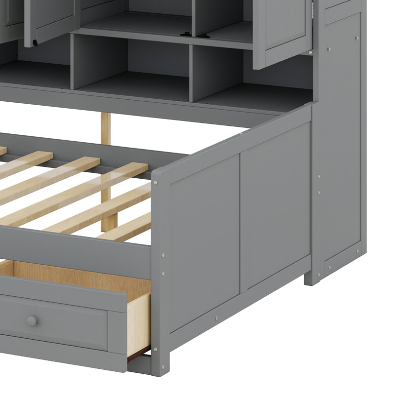 Wooden Daybed With Three Drawers, And All-In-One Cabinet, Desk And Shelves, Gray