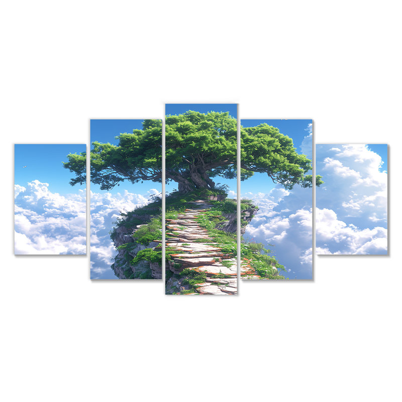 «Path To Tree In The Clouds», ensemble d'art mural chêne 5 pièces, H 32 po x l 60 po