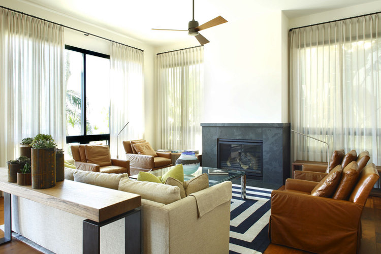 Modern living room, wood ceiling fan