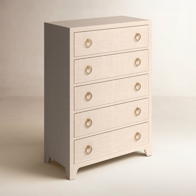 Cleo 5-Drawer Wood and Raffia Chest, Natural