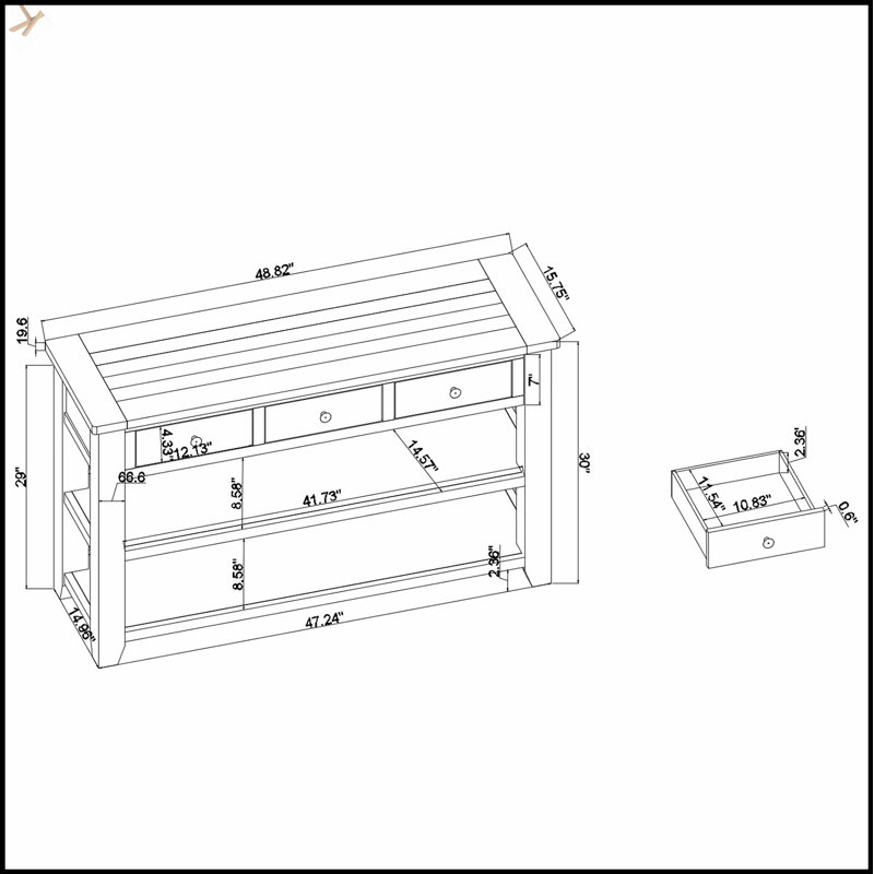 Console en bois de pin massif 48 po, table d'appoint moderne avec 3 tiroirs de rangement et 2 tablettes, facile à assembler