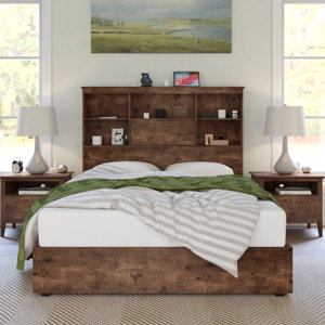 Izena Bed Frame Wooden Platform Bed With Storage Bookcase Headboard