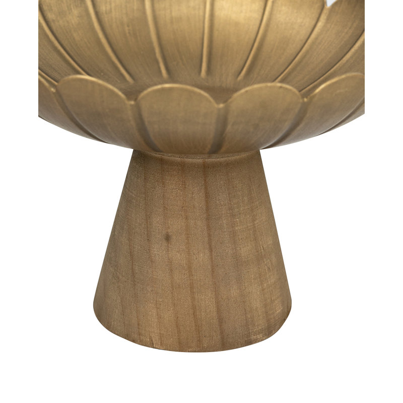 Cuvette piédestal en fer D10x8 avec motif de fleurs dorées et base en bois de pin brun, H 7,9 po x l 9,8 po x P 9,8 po