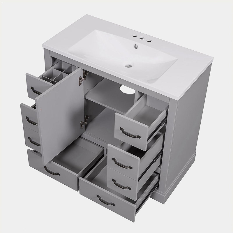 Ensemble de meuble-lavabo de 36 pouces, six tiroirs, séparateurs de tiroirs multifonctionnels, tablettes réglables, Gris
