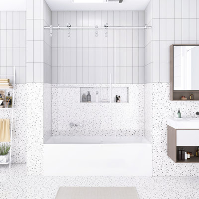 Porte de baignoire coulissante simple sans cadre de 56 à 60 po x H 66 po, porte de douche de baignoire, verre trempé transparent de 5/16 po (8 mm), quincaillerie en acier inoxydable de qualité supérieure, nickel brossé