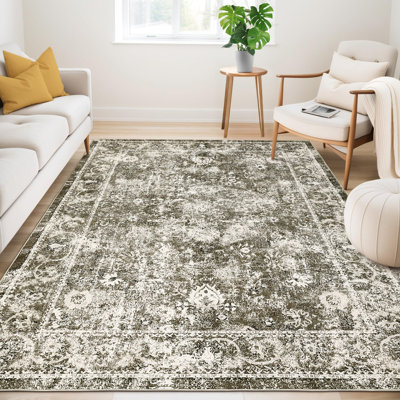 9 x 12 ft Camel Green Boho Distressed Floral Washable Area Rug, Non-Slip Stain Resistant Low Pile Carpet for Living Room, Bedroom, Kitchen and Nursery