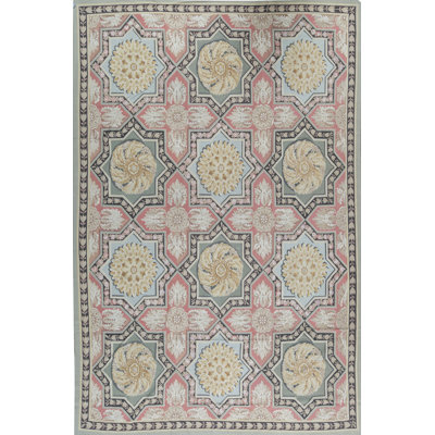 Hand-Knotted High-Quality Green and Rose Area Rug