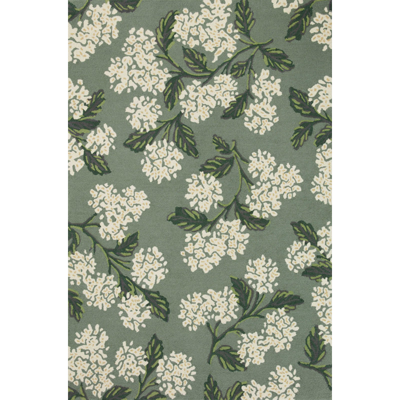 Tapis floral en laine fait à la main en sauge hydrangée Rifle Paper Co. x Loloi, Rond 3 pi