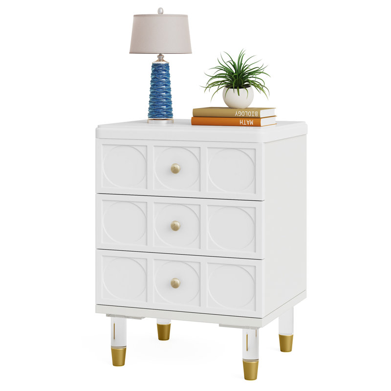 Meyzen 3 Drawer Nightstand white Gold Manufactured Wood Nightstand for Bedroom