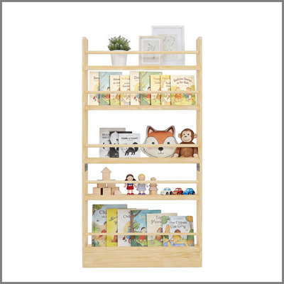 5 Tier Behind The Door Bookshelf, Wooden Kids Bookshelf with Open Storage, Wall Mount Shelve & Space- Saving, Solid Wood Bookshelf for Bedroom, Living Room, Playroom (Natural Wood)