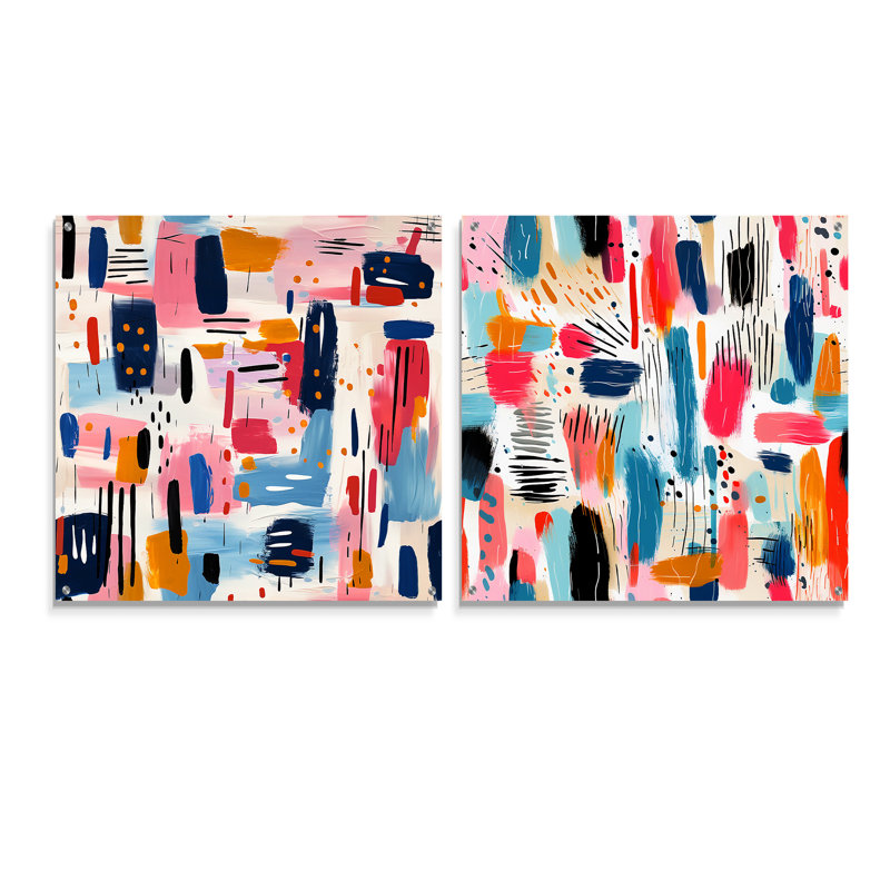 «Paint Stripes Playfull Harmony», ensemble de 2 peintures murales abstraites en acrylique, H 16 po x l 33 po