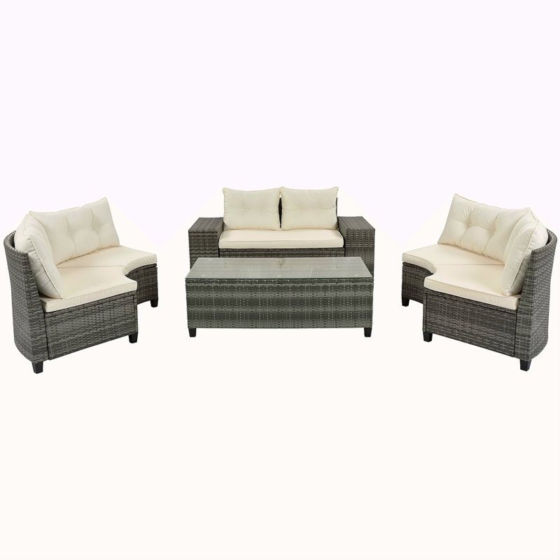 8-Pieces Outdoor Wicker Round Sofa Set, Half-Moon Sectional Sets All Weather, Curved Sofa Set With Rectangular Coffee Table, PE Rattan Water-Resistant And UV Protected, Movable Cushion