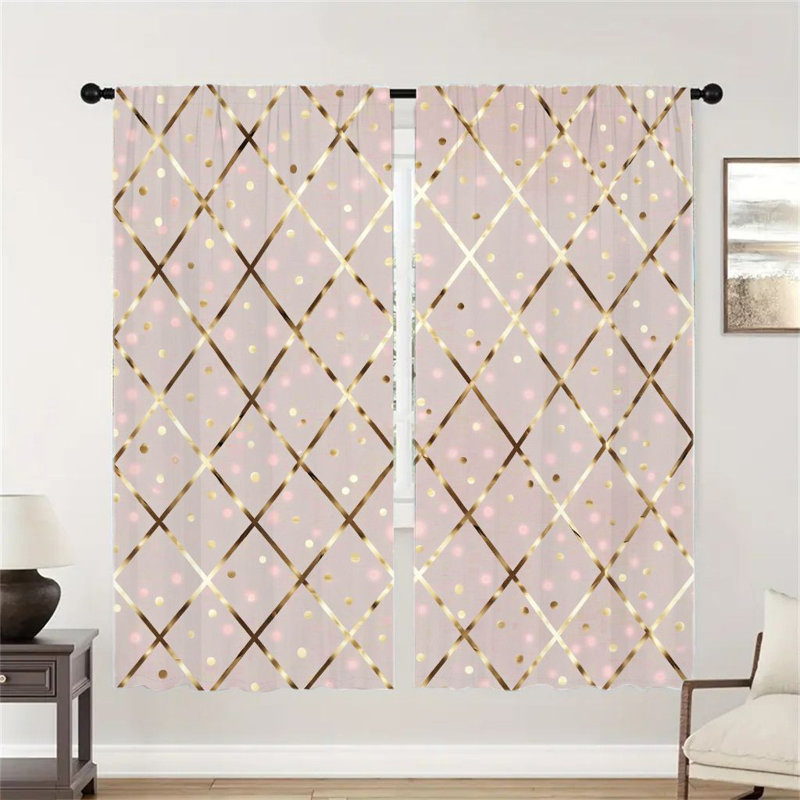 Rideaux de fenêtre roses à motif géométrique 2 pièces, rideaux à motif de losanges dorés modernes pour le salon, la salle à manger, les panneaux de traitement avec passe-tringle