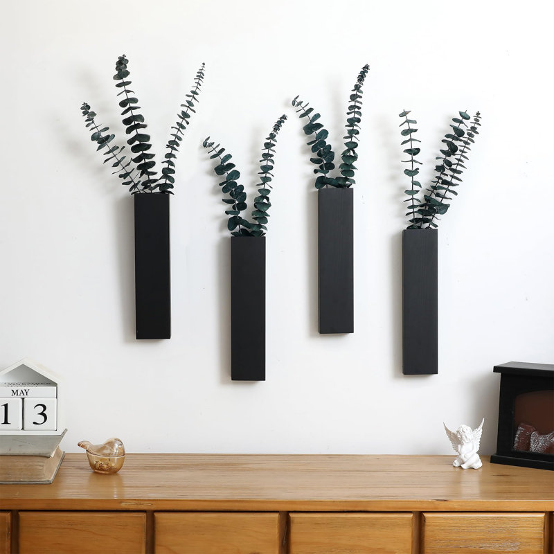 Ensemble de 4 pots à fleurs en bois pour plantes artificielles en bois, Noir, noir, noir, noir