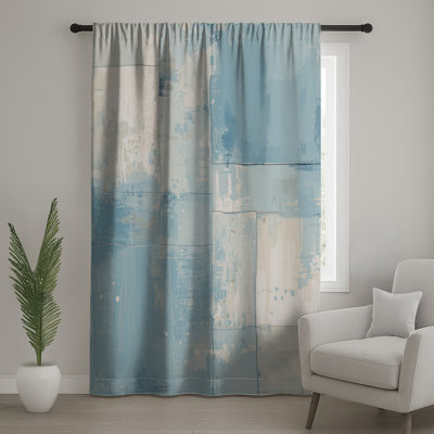 Blue Abstract Patchwork Window Curtains, Abstract Sheer & Blockout Curtains - 1 Panel