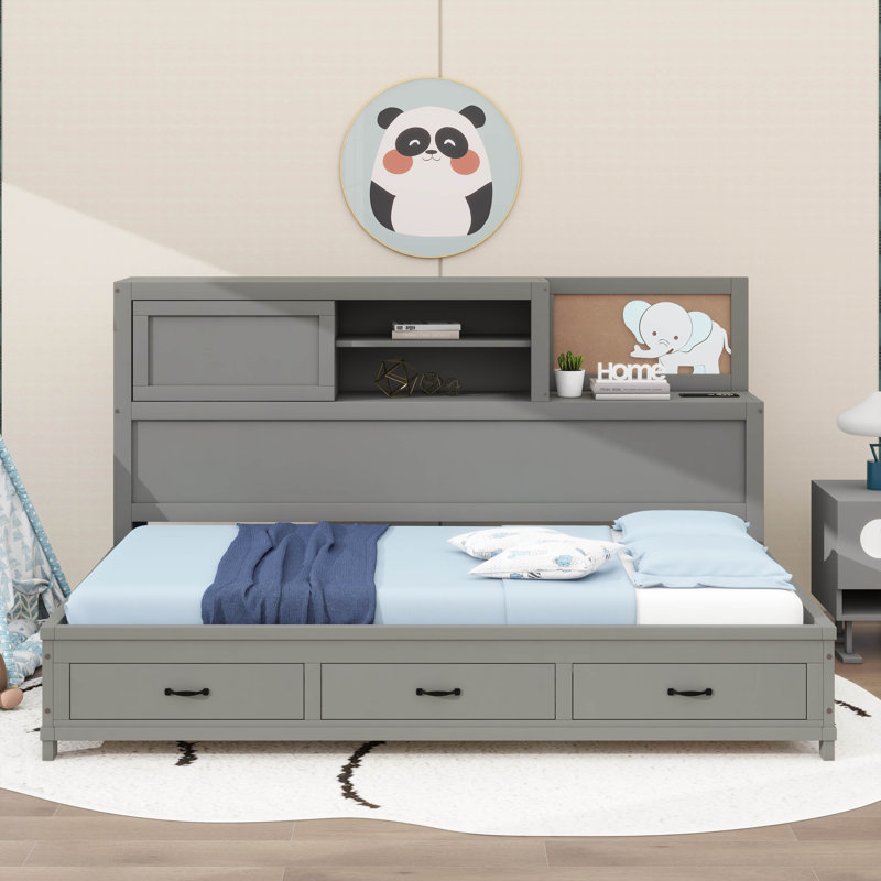 Jacksten Wooden Daybed With 3 Drawers, Upper Soft Board, Shelf, Sockets And USB Ports, Twin, Gray