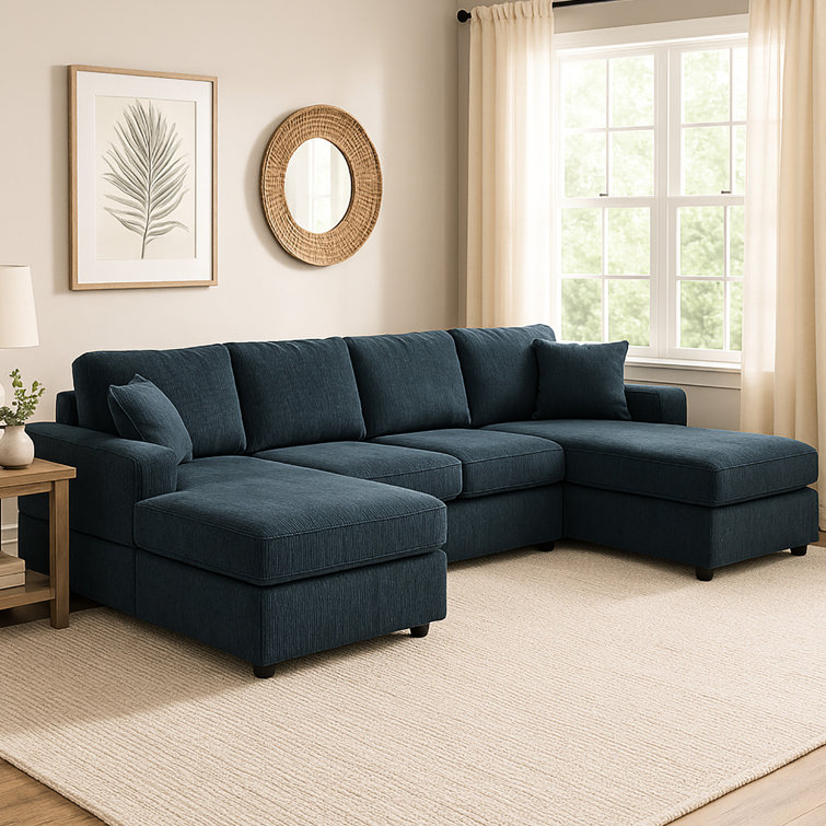 Latitude Run® Corduroy 3 Sectional, Seats 4, Square Arms, Low-profile ...
