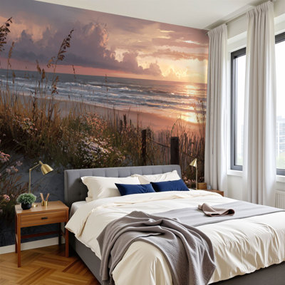 Papier peint adhésif pelez et collez, coucher de soleil, bord de mer, rivage, coucher de soleil, horizon, doux, océan, peintures murales, H 100 po x l 144 po, amovible, papier peint en PVC, adhésif mural pour chambre à coucher, bureau à domicile