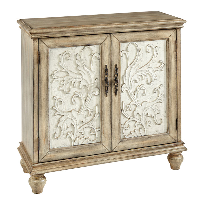 Commode 2 portes, bois naturel, portes florales, tablette réglable, pieds en oignon, assemblage requis avec outils