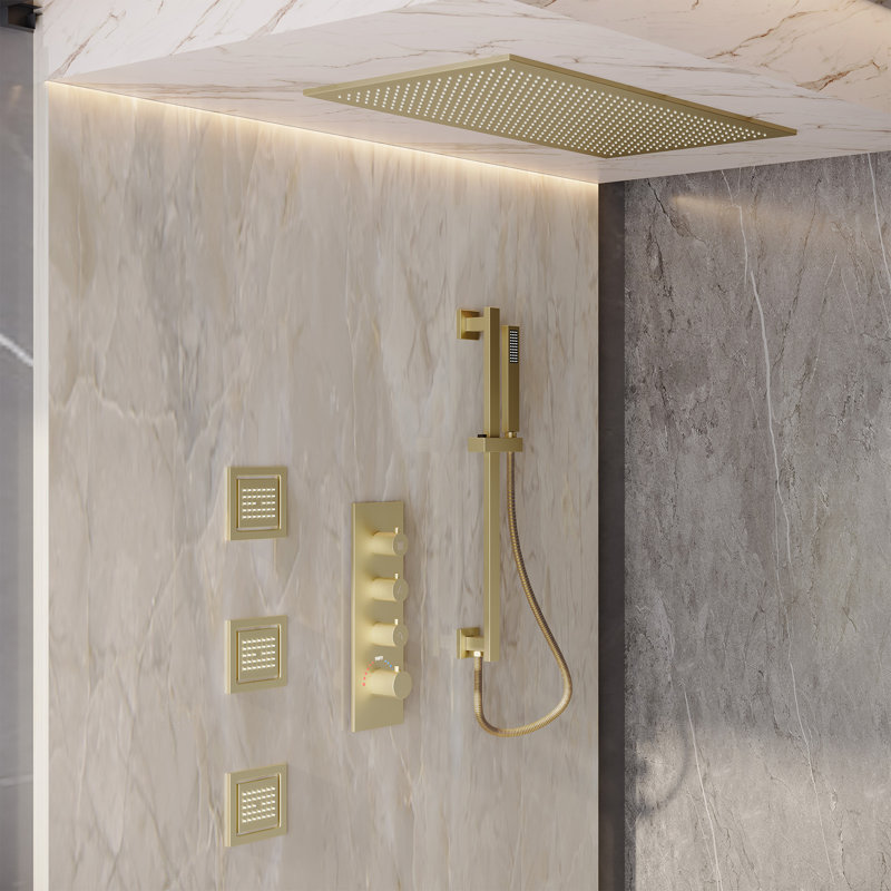 32"X16"Large Head 3-Function Ceiling/Wall Mount Thermostatic Shower System with Body Jets and Slide Bar, Matte Black