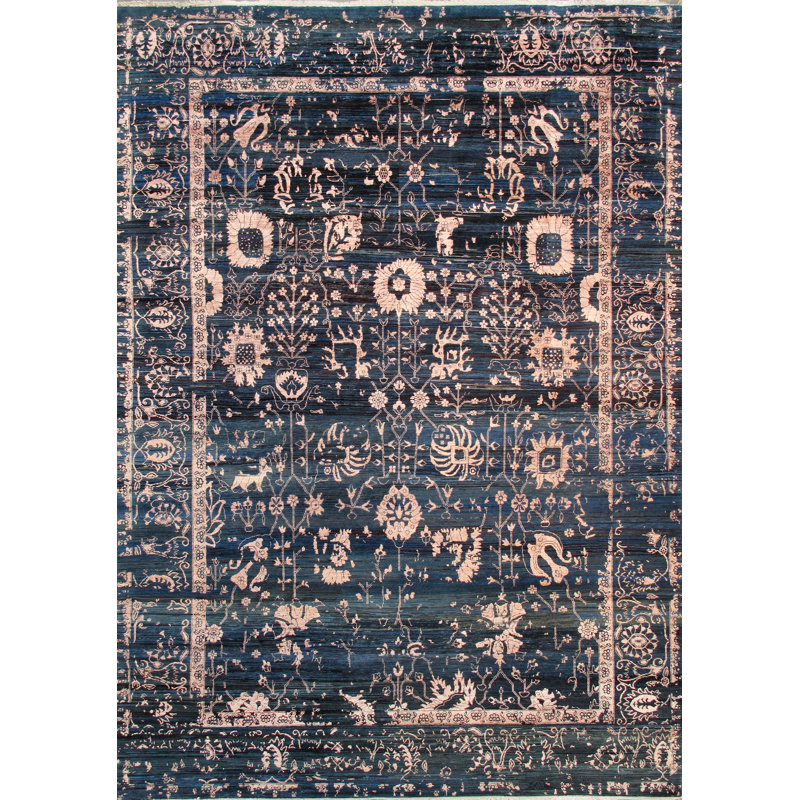 Tapis en rayonne et en laine noué à la main bleu / noir / beige