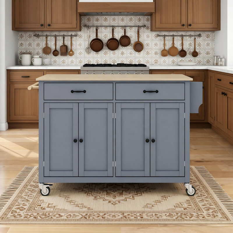 Kitchen Island Cart with Solid Wood Top and Locking Wheels,54.3 Inch Width,4 Door Cabinet and Two Drawers,Spice Rack, Towel Rack (Grey Blue)