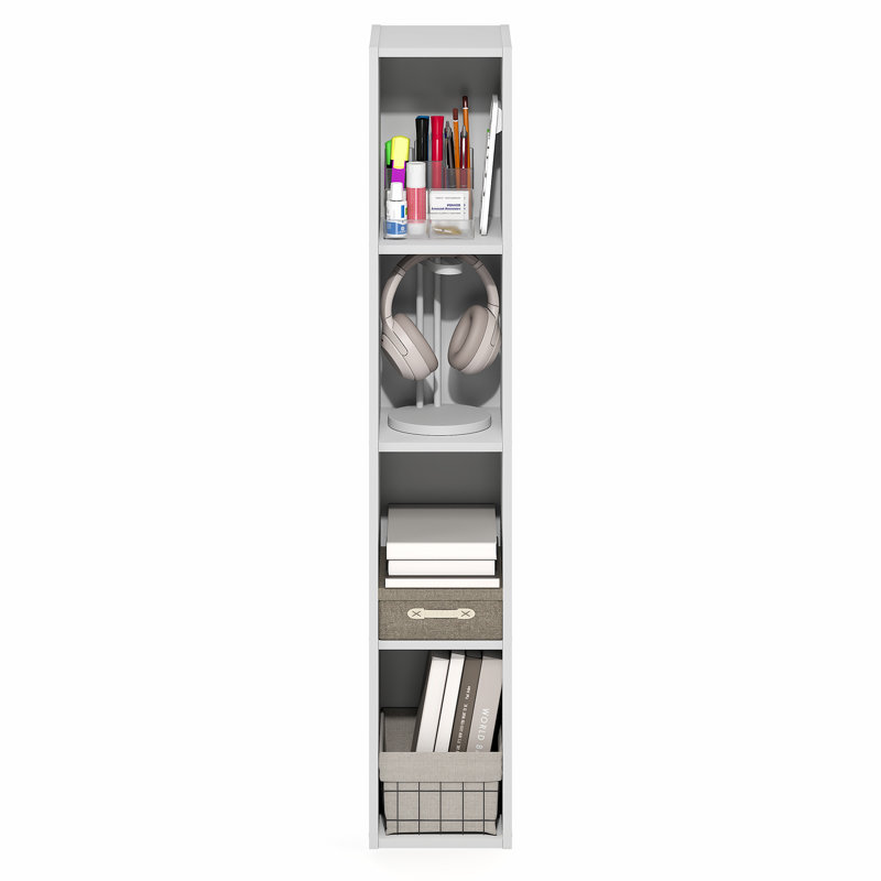 Furinno FULDA Book Shelf, 4-Tier Narrow Bookshelf, Standing Bookcase with 8-In Width Storage Shelf, 9.3 x 7.9 x 41.6, for Organization and Storage, for Living Room, Bedroom, Home Office, White