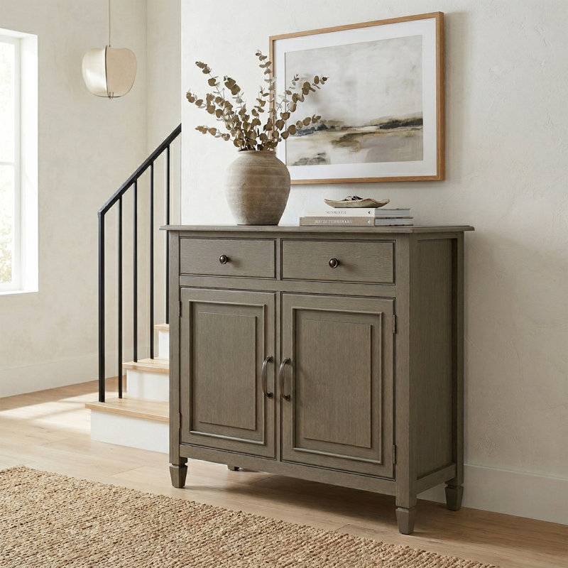 Connaught 40"W Solid Wood 2-Shelf Entryway Storage Cabinet with 2 Storage Drawers, Farmhouse Grey