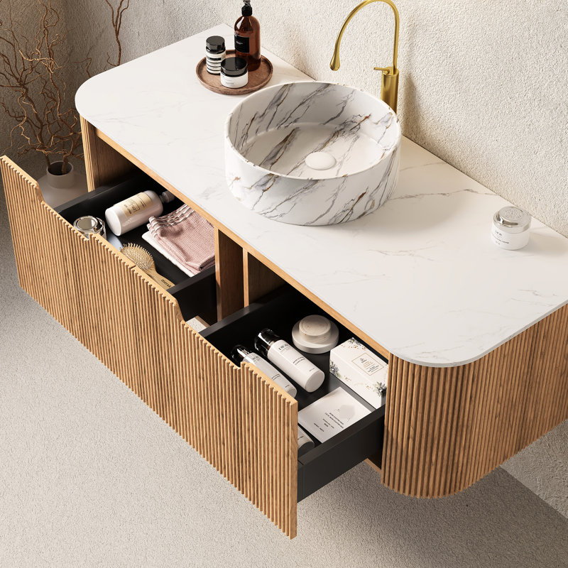 Meuble-lavabo rond blanc en céramique 48 po, armoire murale 2 tiroirs, grain de bois naturel, armoire de rangement pré-assemblée et efficace avec tiroirs, stable
