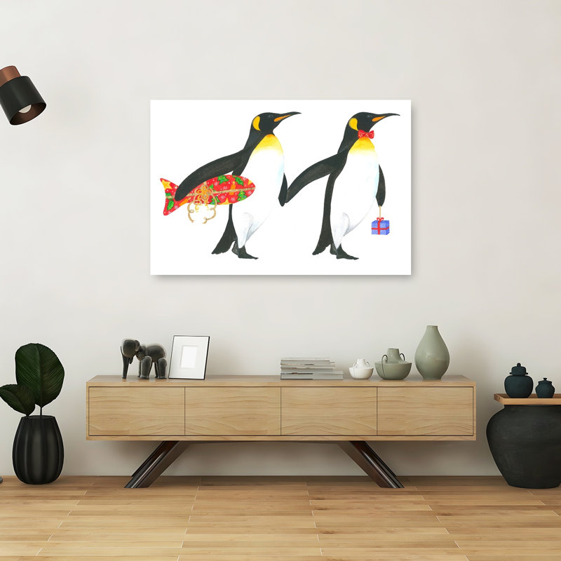 Penguin Presents Whimsical Contemporary Bird Fish Penguin Wildlife Winter Wall Art Print 1 Piece Wrapped Canvas Wall Art