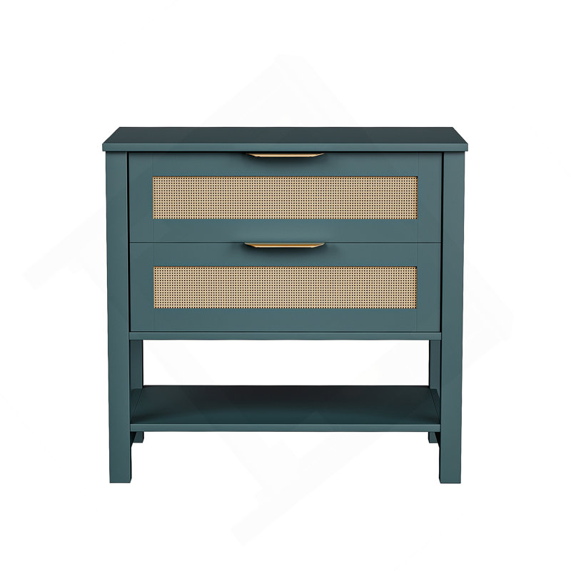 Table de chevet étroite en rotin avec 2 tiroirs et tablette de rangement Boho, Vert