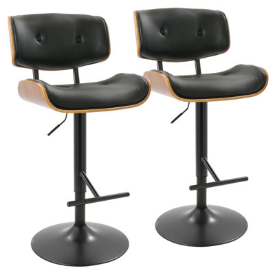 Lombardi Mid-Century Modern Adjustable Barstool With Swivel In Black Metal, Wood Faux Leather By Lumisource - Set Of 2