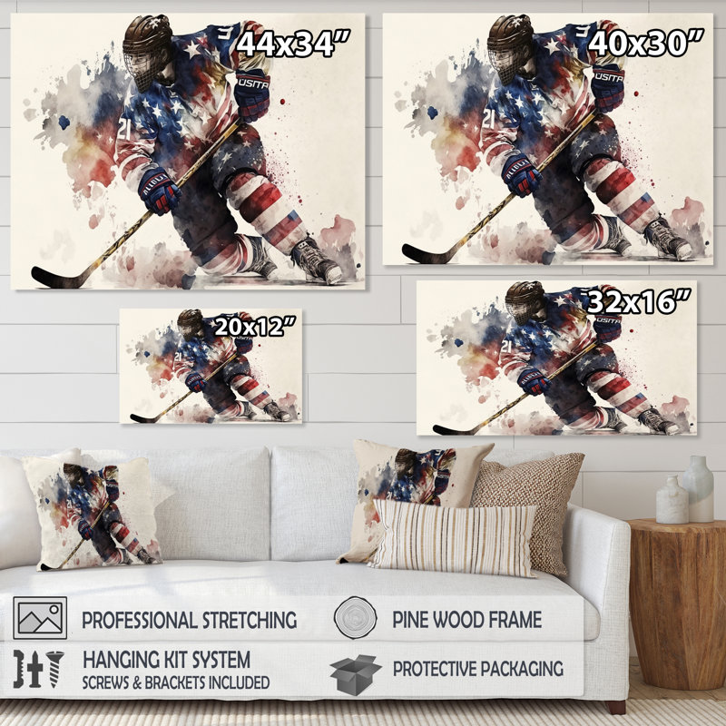 «Usa Hockey Player In Action III», reproduction sur toile, H 24 po x l 32 po x P 1 po, Toile tendue