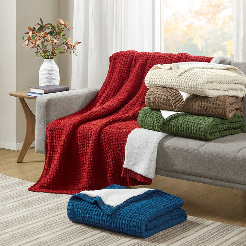 Gracie Mills Dorian Waffle Weave Solid Chenille Throw, Red