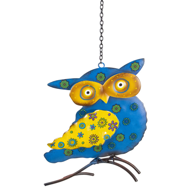 7.75" Blue and Yellow Metal Owl Outdoor Wall Hanging