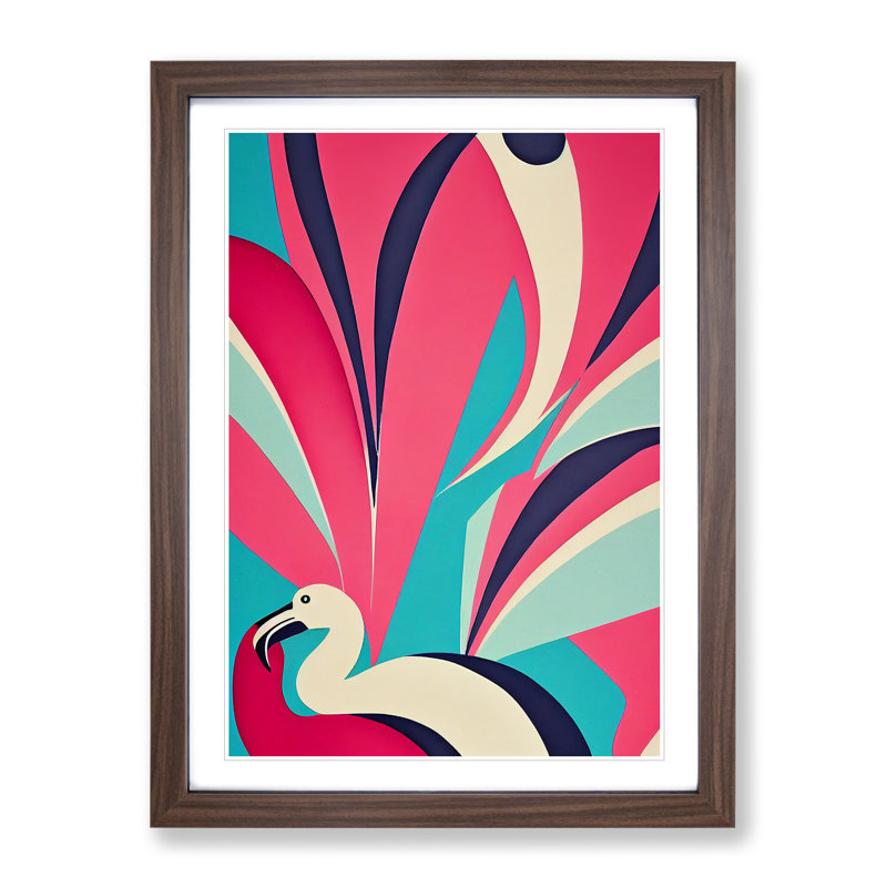 Flamingo in Abstract No.2 - Framed Print, 64cm H x 46cm W x 2cm D, Walnut