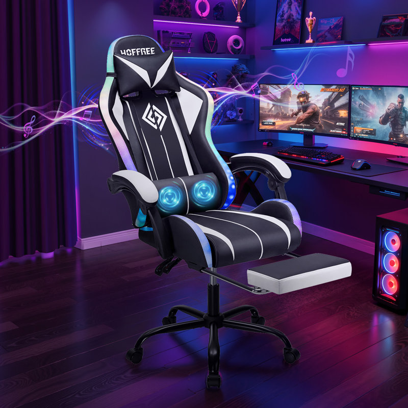Gaming Chair With Bluetooth Speakers And RGB LED Lights Ergonomic Massage Video Game Chair With Footrest High Back With Lumbar Support