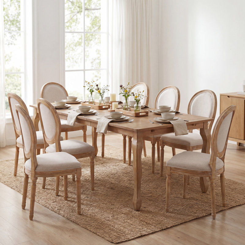 Jair 8-Person Dining Table Set With Upholstered Chairs & Expandable Table, 9 Pieces: Table, 8 Chairs