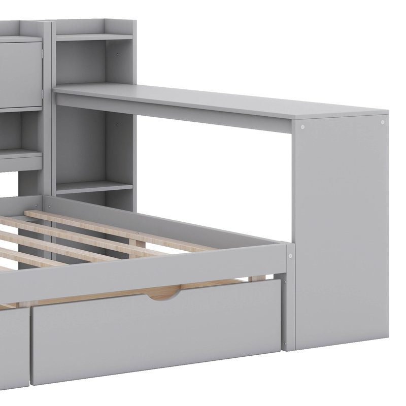 Lit de jour avec 7 armoires de rangement et 2 tiroirs de rangement, structure en L en bois avec bureau d'étude et bibliothèque intégrée