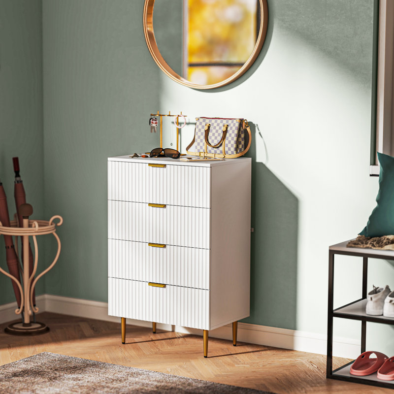Commode 4 tiroirs pour commode de chambre à coucher Poignées et pieds dorés, Blanc