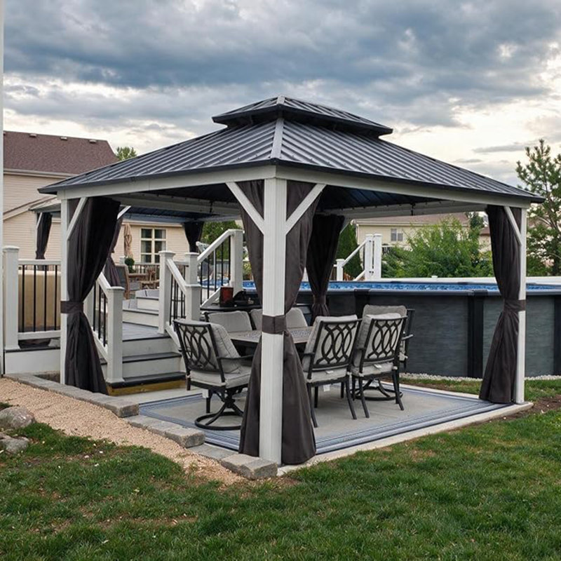 Purple Leaf 10' X 12' Hardtop Gazebo Outdoor Double Roof Gazebo White Aluminum Frame Pavilion With Curtain And Netting For Patio, Garden And Backyard, Grey