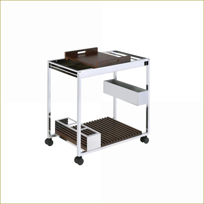 Chariot de service avec support à vin & amp; Étagère à verres à pied | Cadre en métal chromé | Placage de bois de noyer