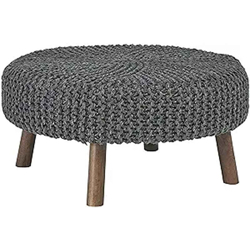 Charcoal Gray Hand-Knitted Round Accent Ottoman