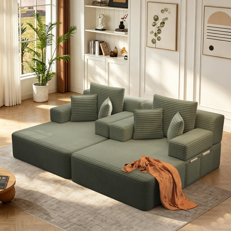 Ensemble de méridienne 2 pièces luxueux en velours côtelé, canapé-lit convertible 2 en 1 avec coussins et pochette de rangement